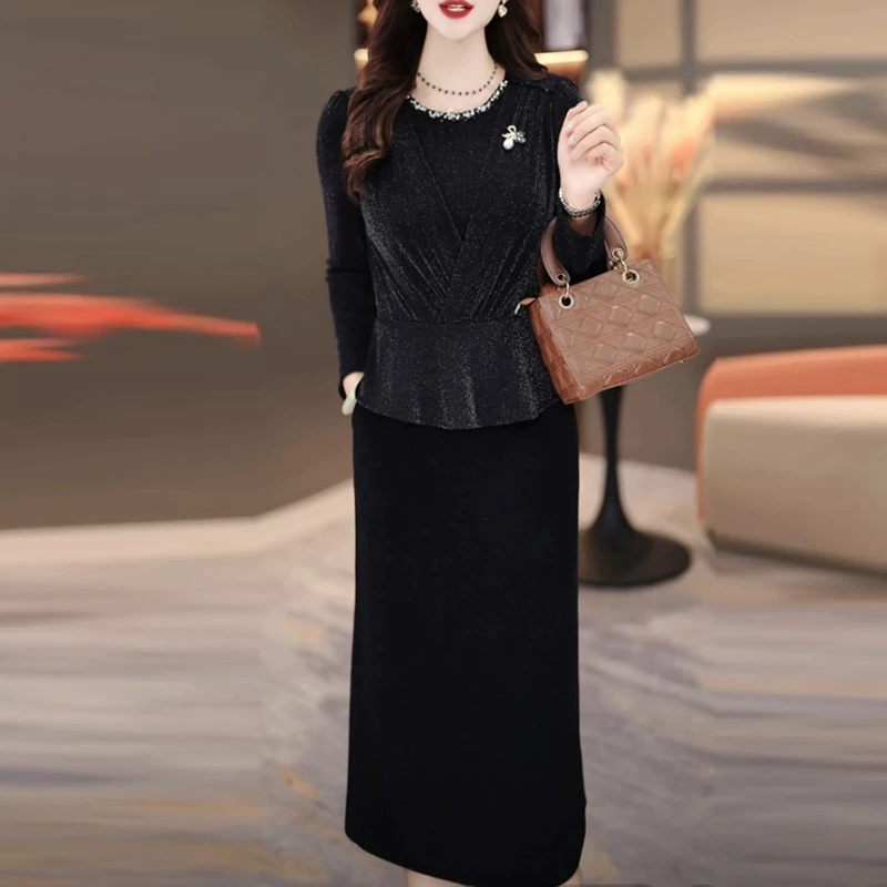 弹力精纺加绒加厚打底裙2025秋冬新款轻奢女装高级感假两件连衣裙