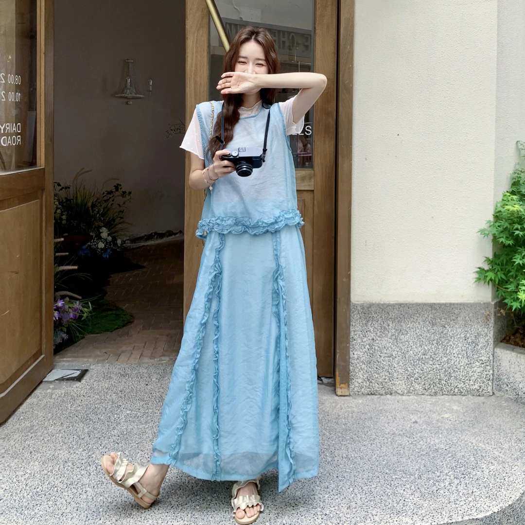 韩系温柔风木耳边网纱套装裙女2025夏季新款背心T恤半身裙三件套