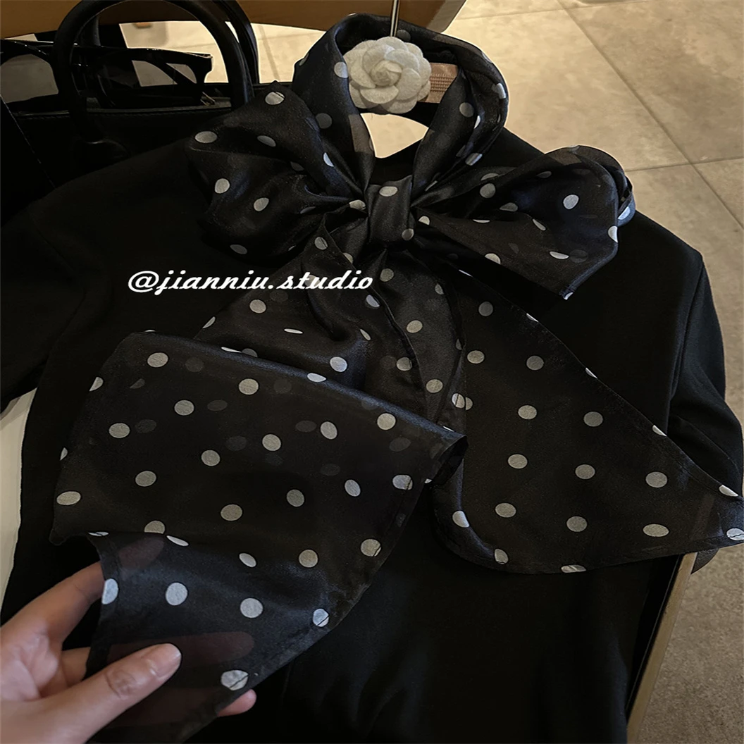法式波点长条丝巾女2025春夏新款时髦百搭雪纺纱巾装饰围脖领巾