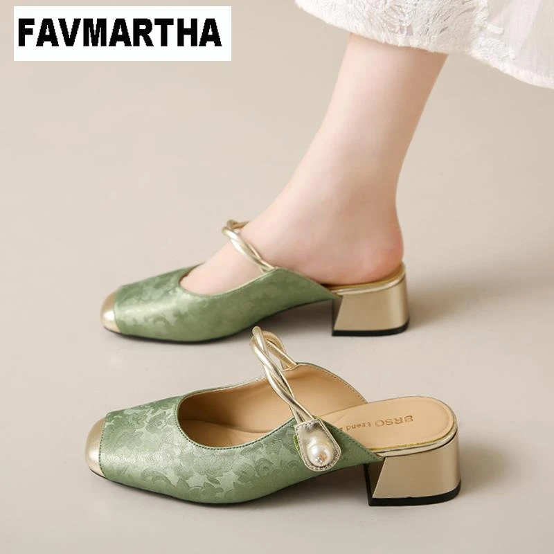 FAVMARTHA新中式国风绣花绿色拖鞋女2025夏季新款低跟高跟鞋包头