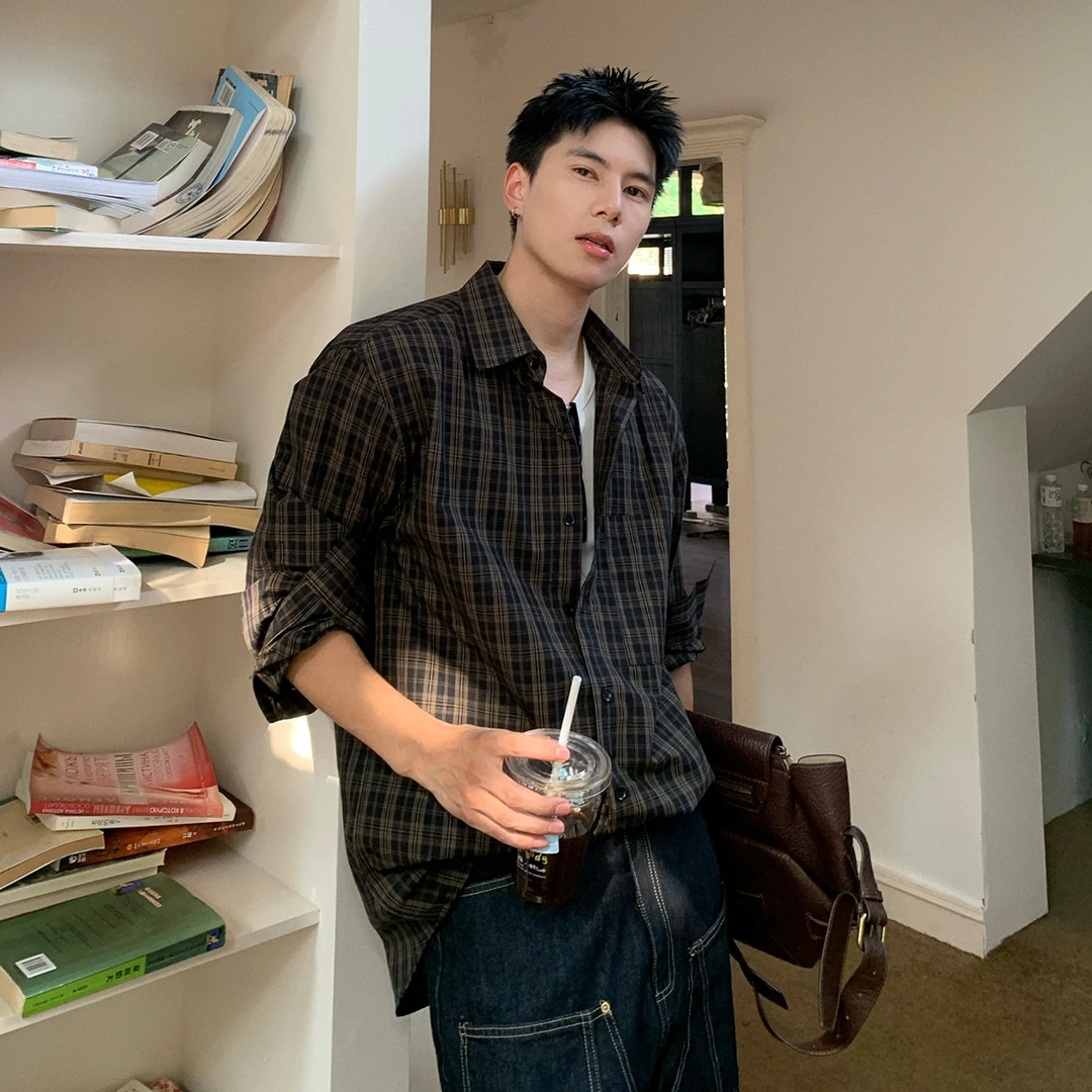 Holocene美式潮牌格子衬衫外套男纯棉长袖宽松休闲秋款衬衣446828