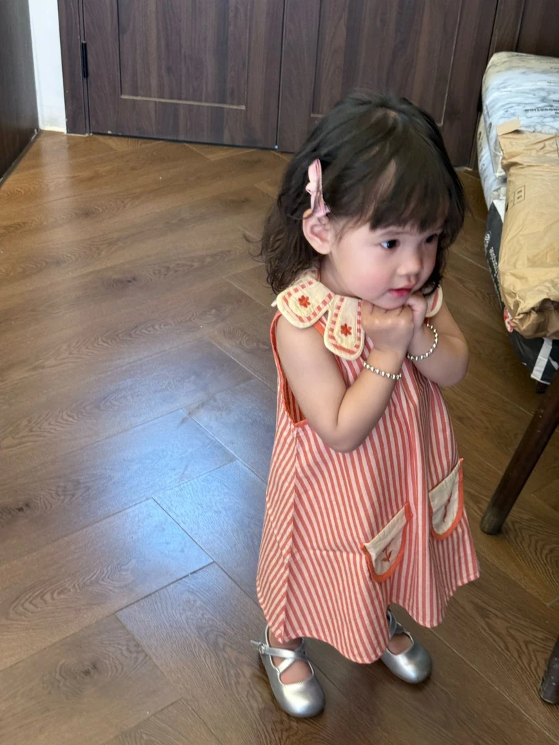 花瓣领条纹连衣裙女童纯棉色织