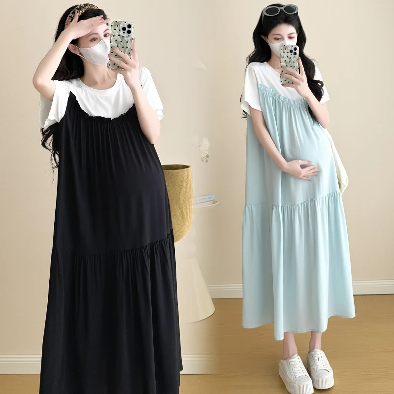 大码孕妇时尚短袖T恤裙夏季新款韩版假两件宽松显瘦连衣裙女200斤
