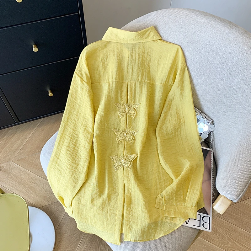 蝴蝶结开叉防晒长袖衬衫女夏季新款时尚宽松洋气甜美出游服装女