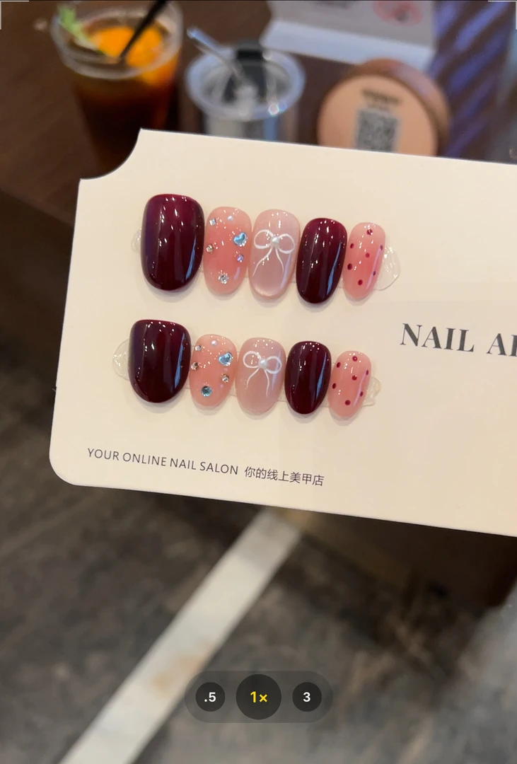 NO退N换、无收纳盒【酒红微醺】CHANSIANNA纯手工穿戴甲猫眼蝴蝶结