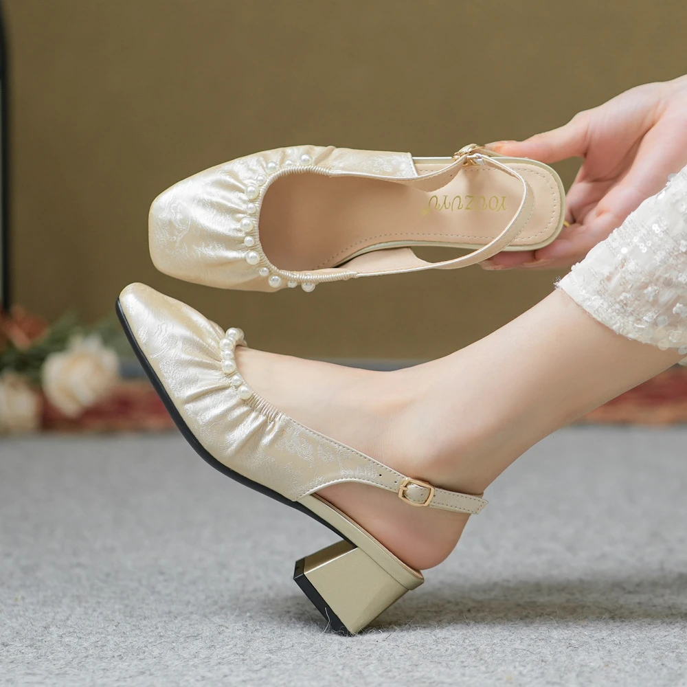 包头凉鞋女真皮新款时尚百搭新中式国风方头粗跟后空高跟轻奢单鞋