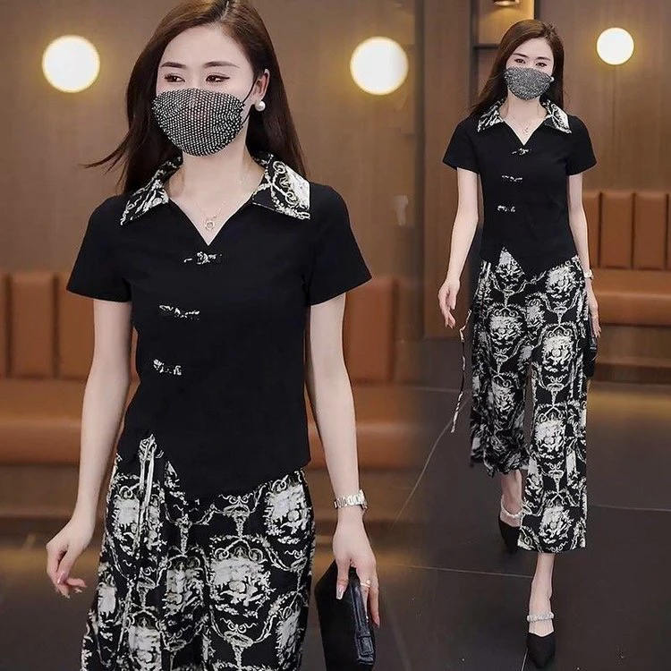 【新款】套装时尚洋气女装夏季短袖+裤子显瘦新中式两件套国风上衣