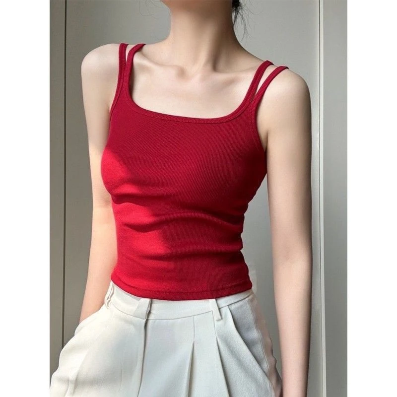 红色双肩吊带辣妹无袖新款修身打底背心上衣内搭外穿带胸垫一体式