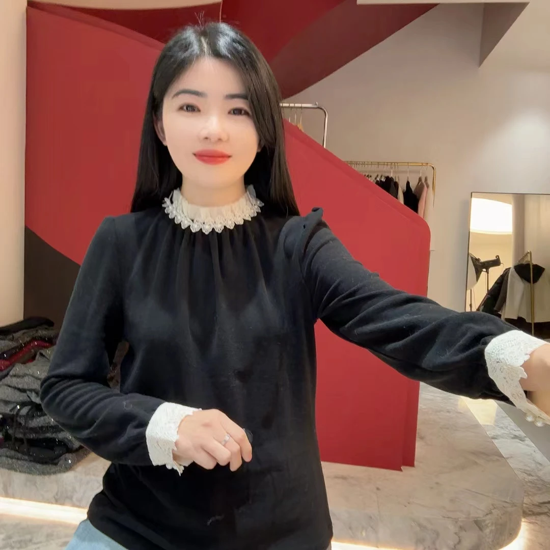 QC 252469 加绒蕾丝拼接撞色双面慕斯绒重工长袖设计感时尚上衣