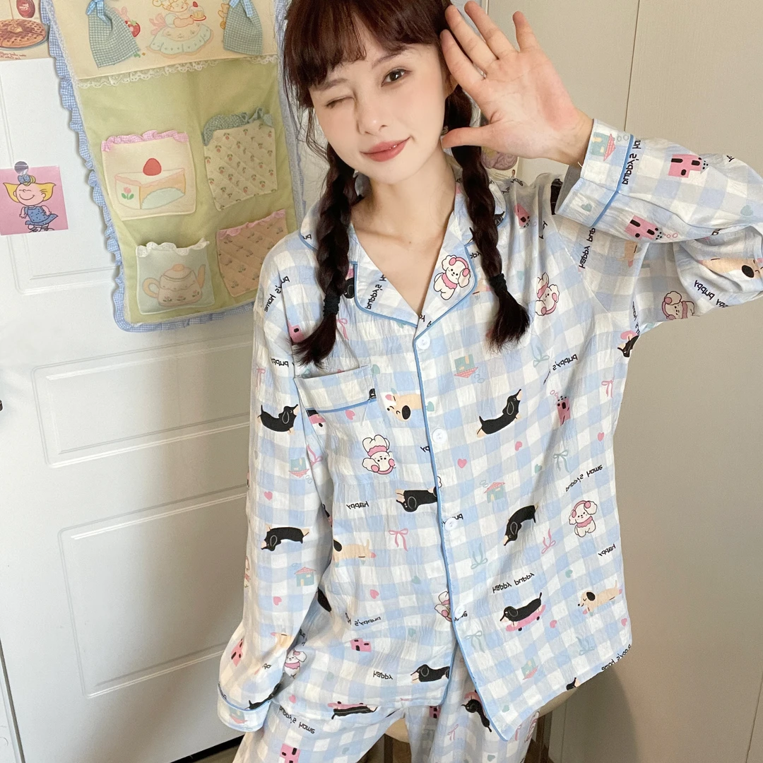 【蓝格小狗】韩系甜美少女睡衣女秋季长袖长裤透气学生家居服可外穿