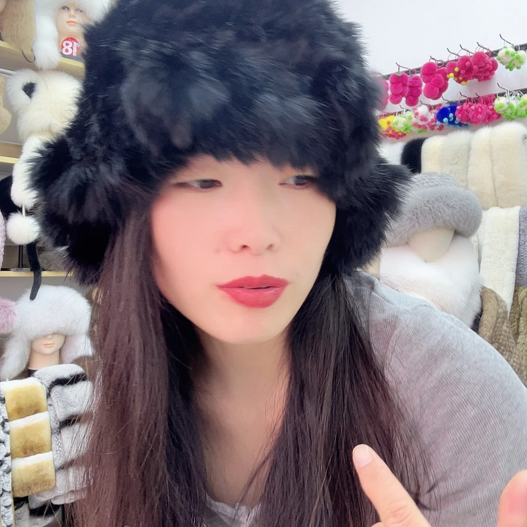 兔皮小号黑色兔毛云朵帽不退换