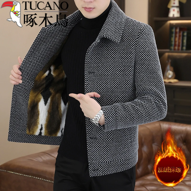 啄木鸟男士冬季翻领高档毛呢大衣加绒休闲加厚短款呢子夹克衫外套