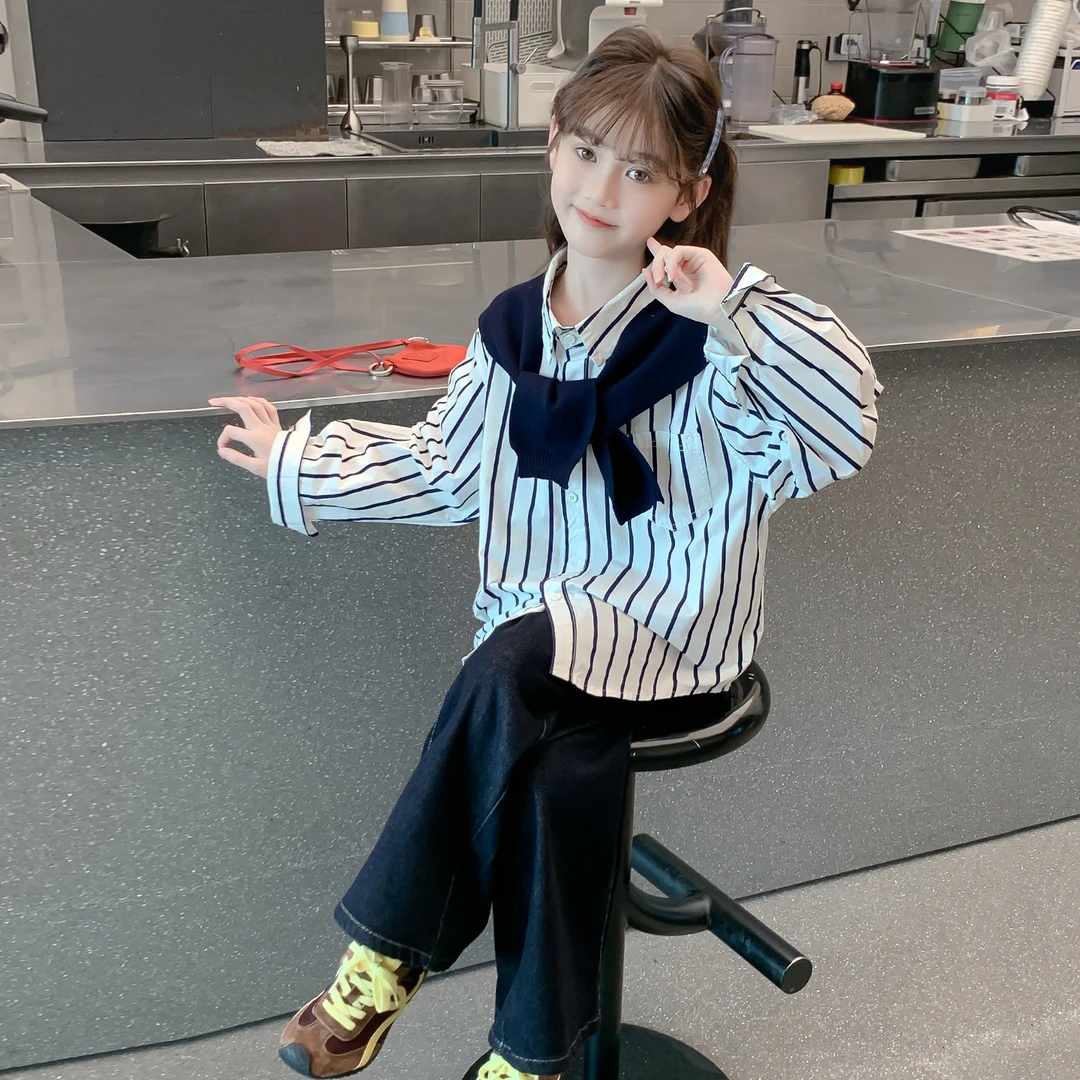 女童衬衫2025新款秋装儿童洋气时髦休闲条纹上衣春秋款女孩衬衣潮