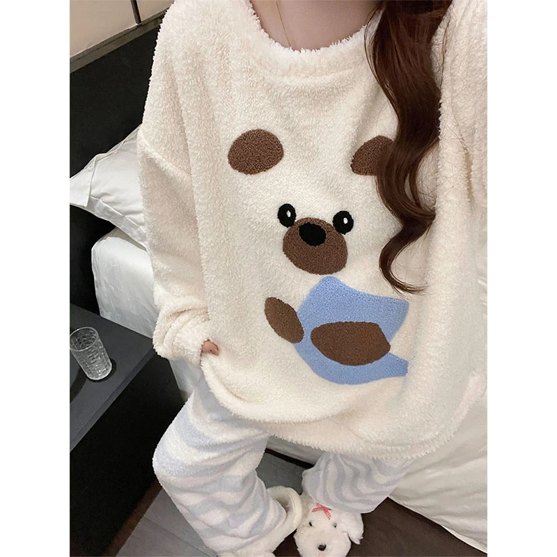 秋冬季爆款可爱小熊半边绒睡衣女款加绒加厚卡通风保暖家居服套装
