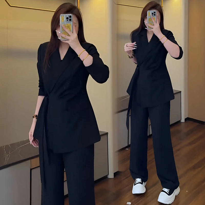春秋新款女神范气质职业西装套装高级感绑带西装外套阔腿裤两件套