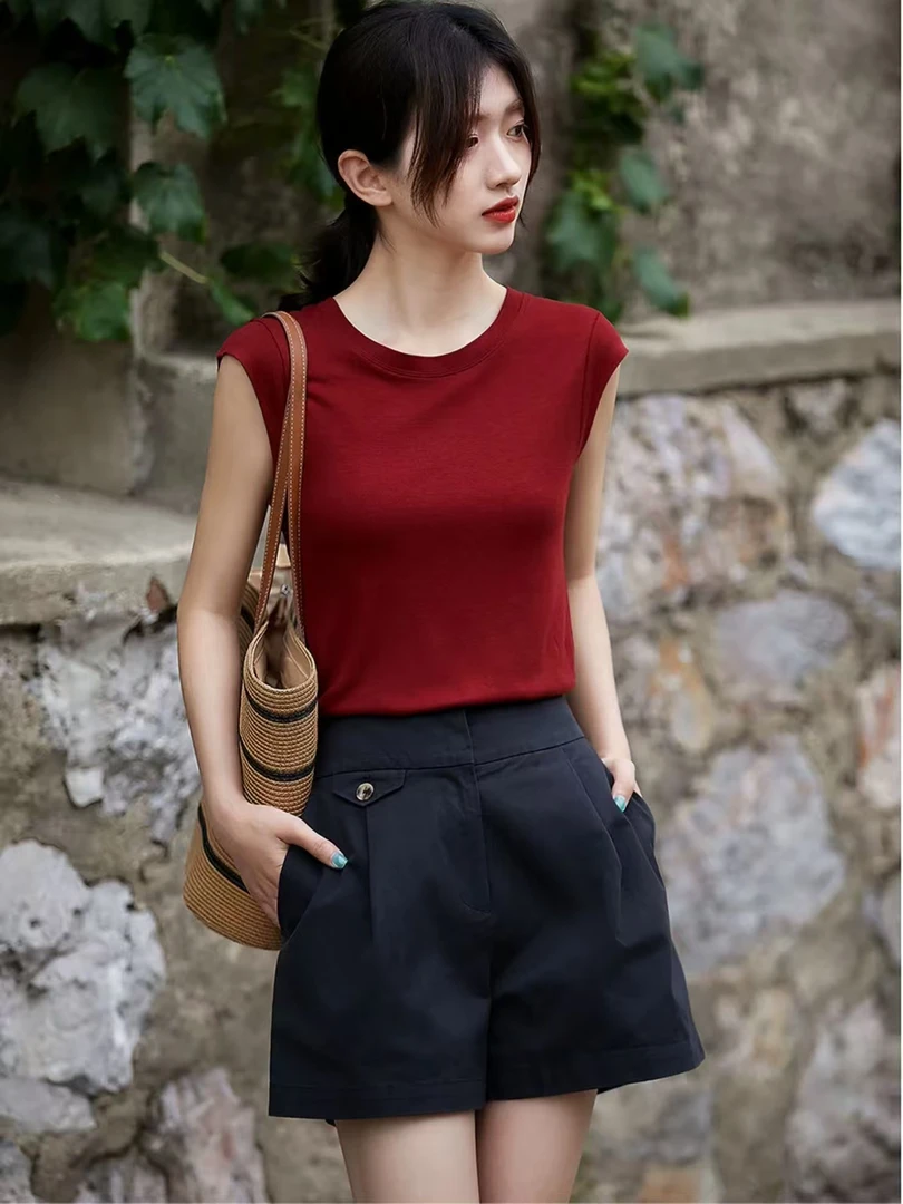 港风~莱赛尔纱线针织女士圆领落肩袖T恤衫纯色短袖优雅小飞袖半袖
