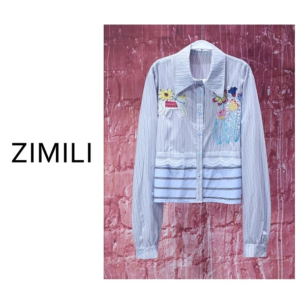 【亮哥女装】2025欧版新品雾蓝色条纹撞色拼接印花气质衬衫9227-D5