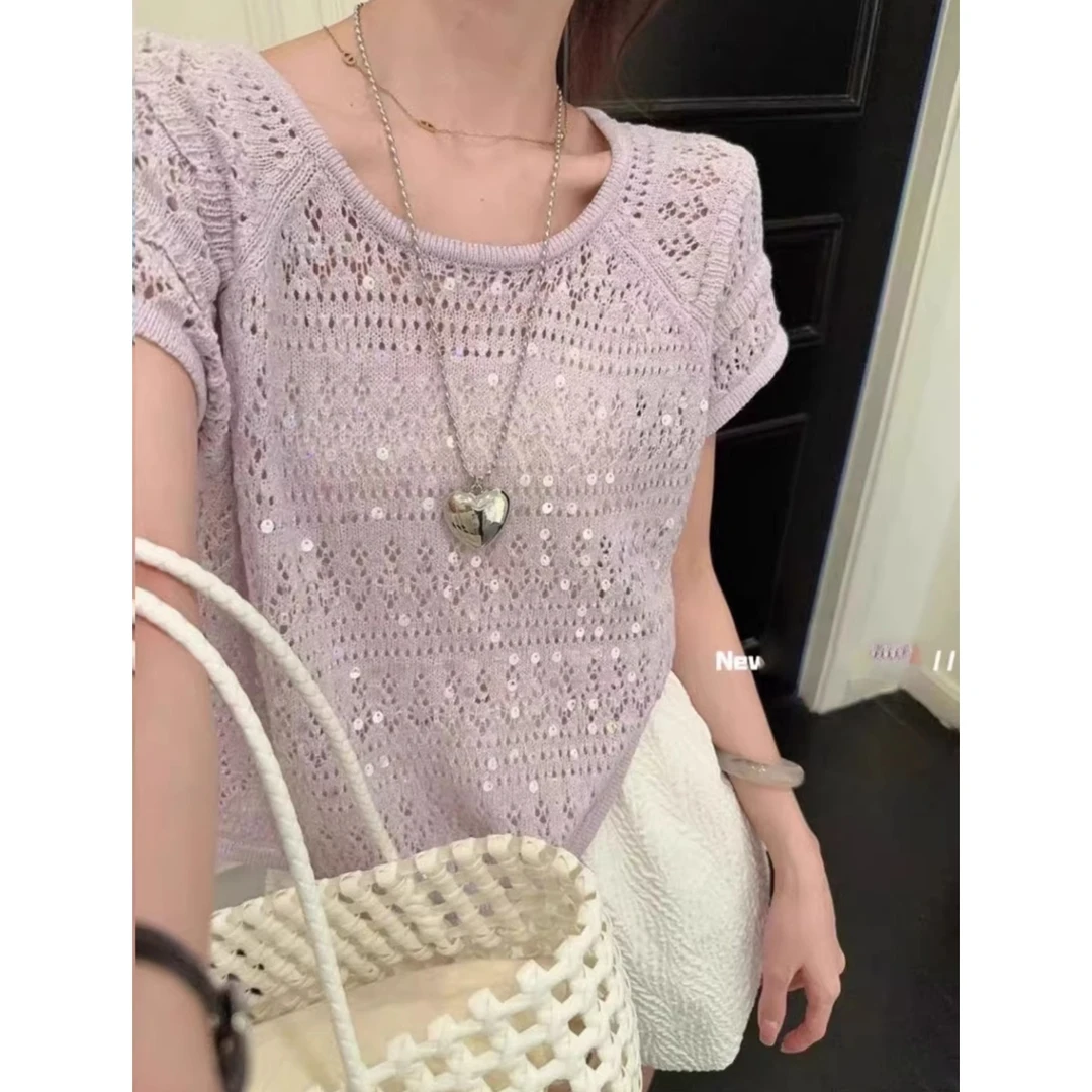 设计感重工亮片镂空圆领针织衫T恤女夏季新款时尚气质休闲上衣
