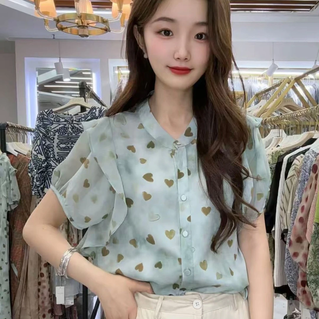 荷叶边波点印花短袖雪纺衫2025新款洋气减龄百搭夏季休闲小衫上衣