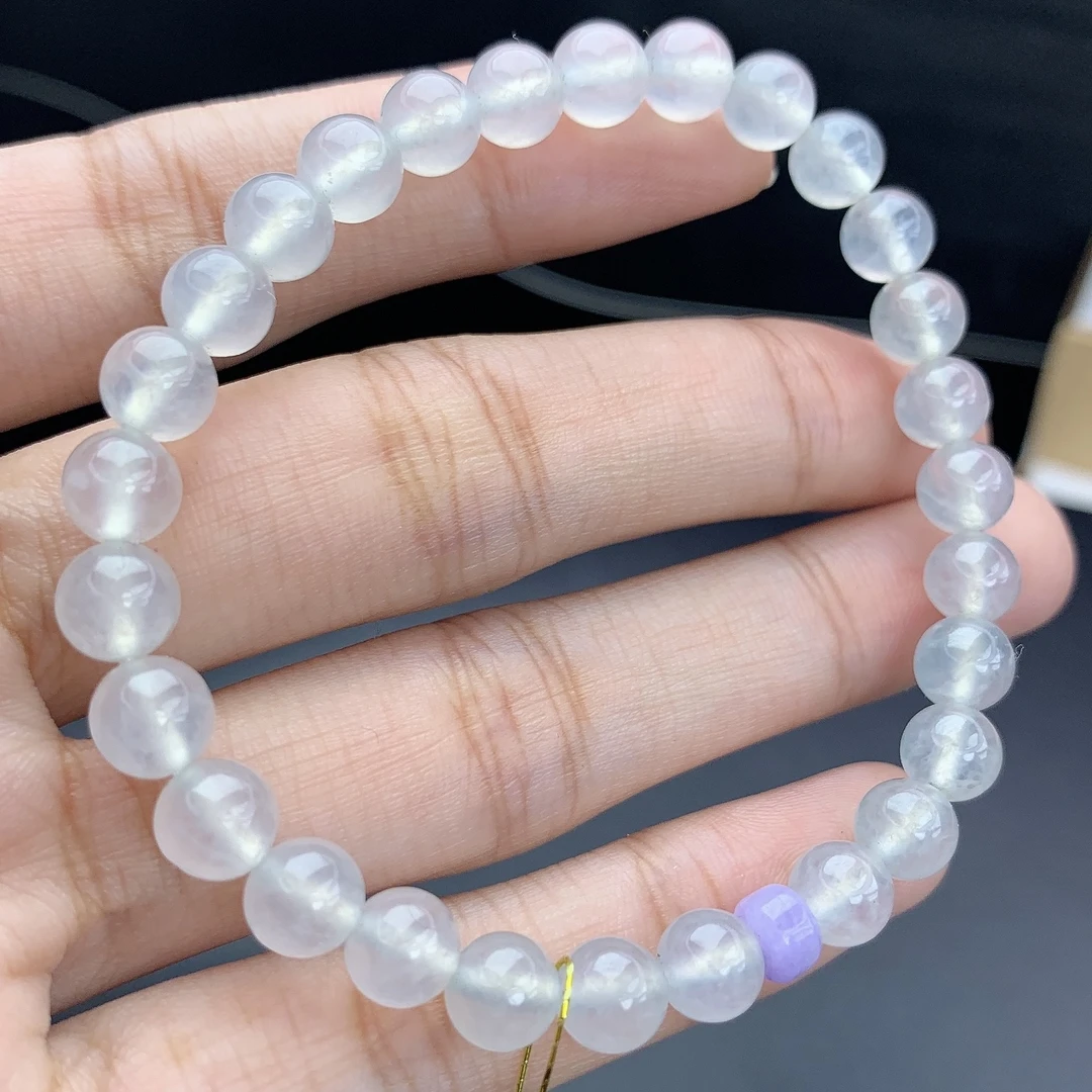 缅甸A货翡翠白冰加紫珠圆珠手链手串单圈MLT卡6.5mm