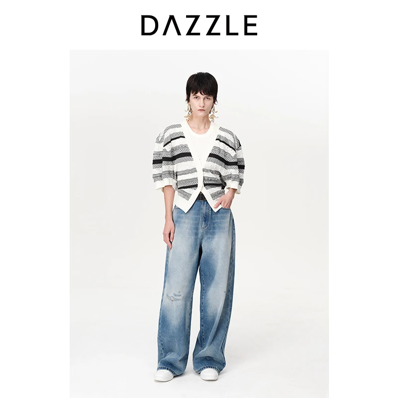 DAZZLE地素洋气衣服女夏季复古短款条纹提花针织开衫2H2E511