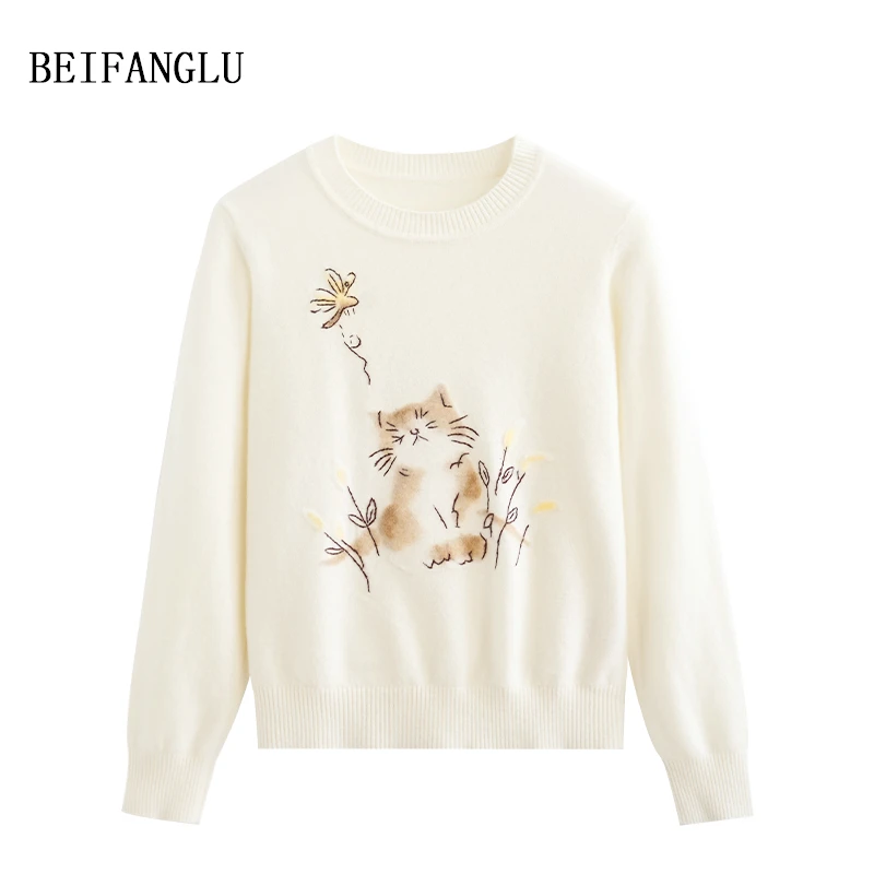 【北方鹿】2024上新卡通猫咪休闲圆领长袖羊毛针织衫女W9235