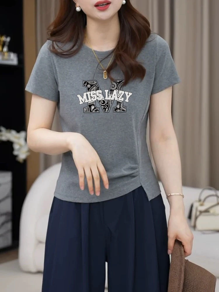 夏季圆领显瘦韩版设计感小C腰侧压褶短袖t恤女新款灰色修身上衣潮