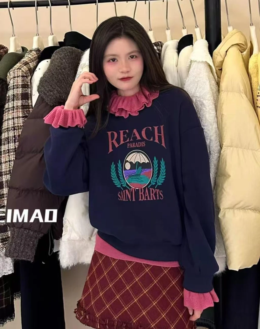 【赵小小yimao】76832假日玫瑰字母印花宽松圆领加绒卫衣