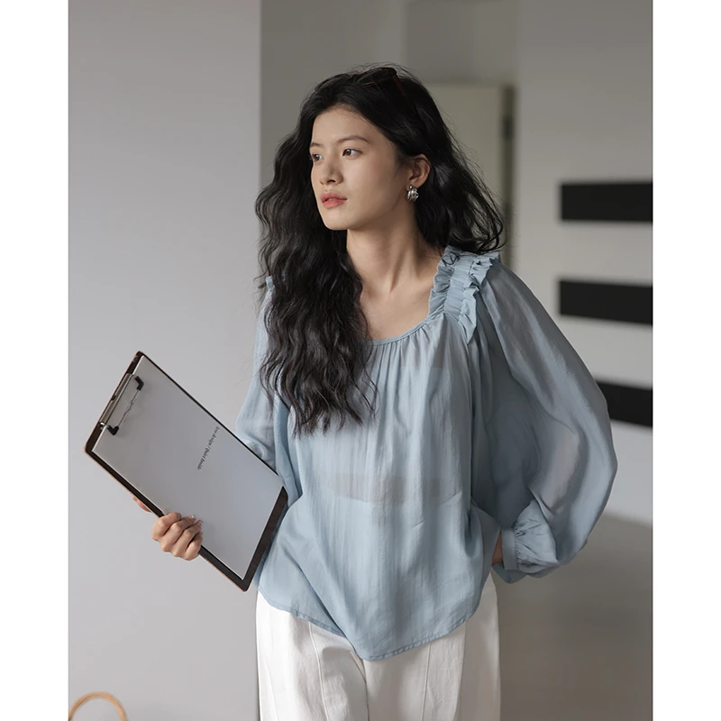 【1.19清清】觅定蓝色褶皱宽松衬衫设计感小众别致衬衣DS10508