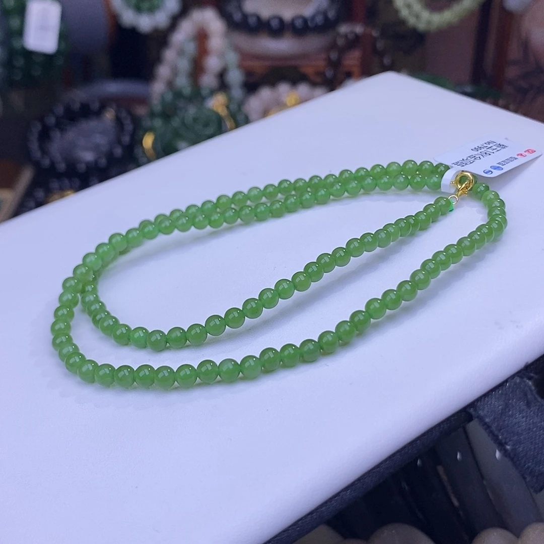 和田玉未镶嵌颈饰毕业级老矿料碧玉金镶小米珠4m