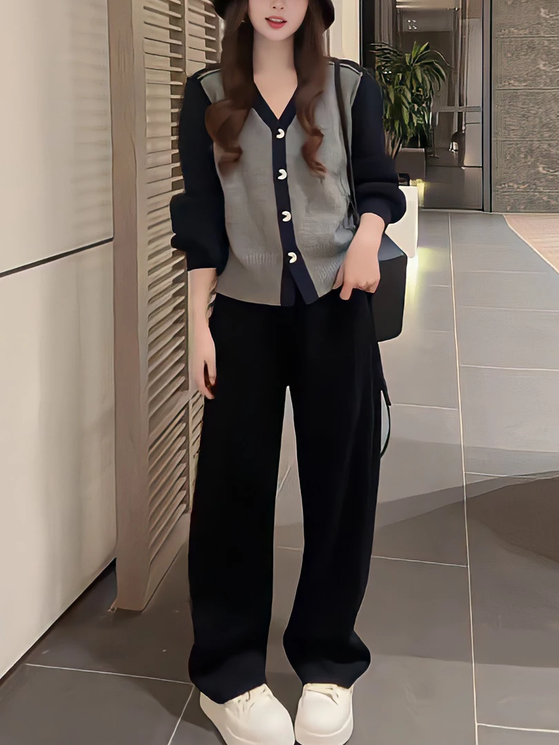 欧货休闲运动套装女秋2025新款复古时尚洋气拼色V领针织衫两件套