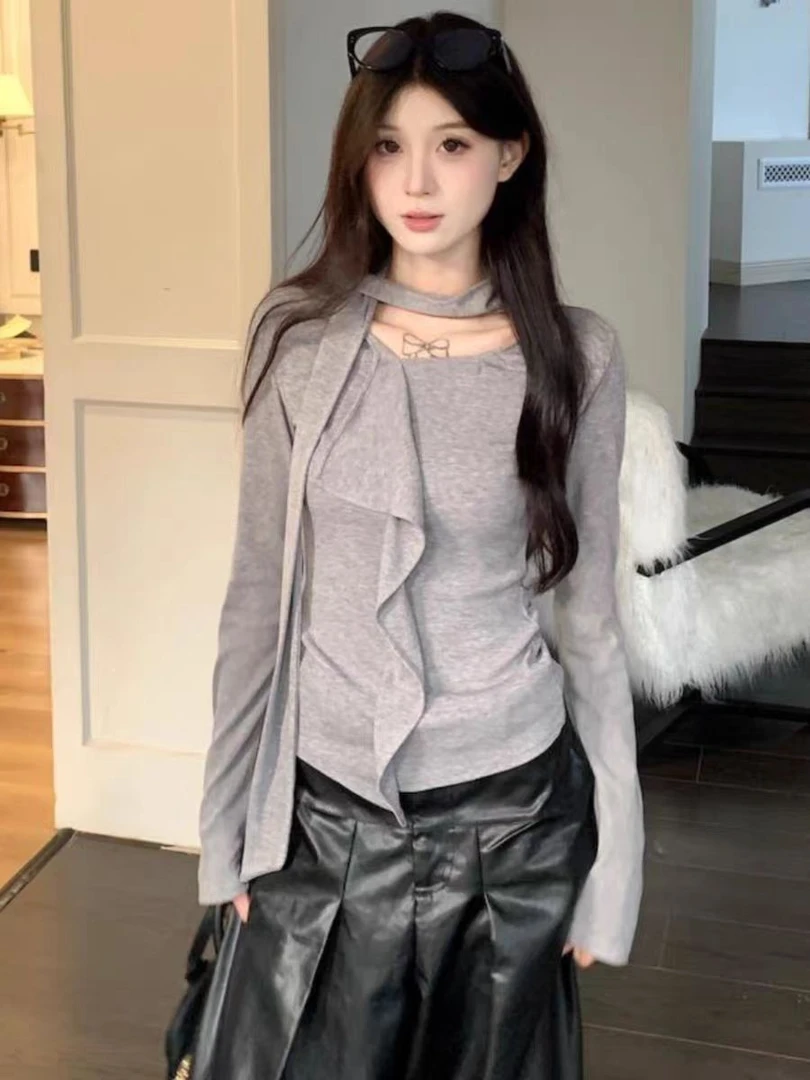 韩版荷叶边挂脖飘带长袖T恤女春季新款内搭修身显瘦独特别致上衣