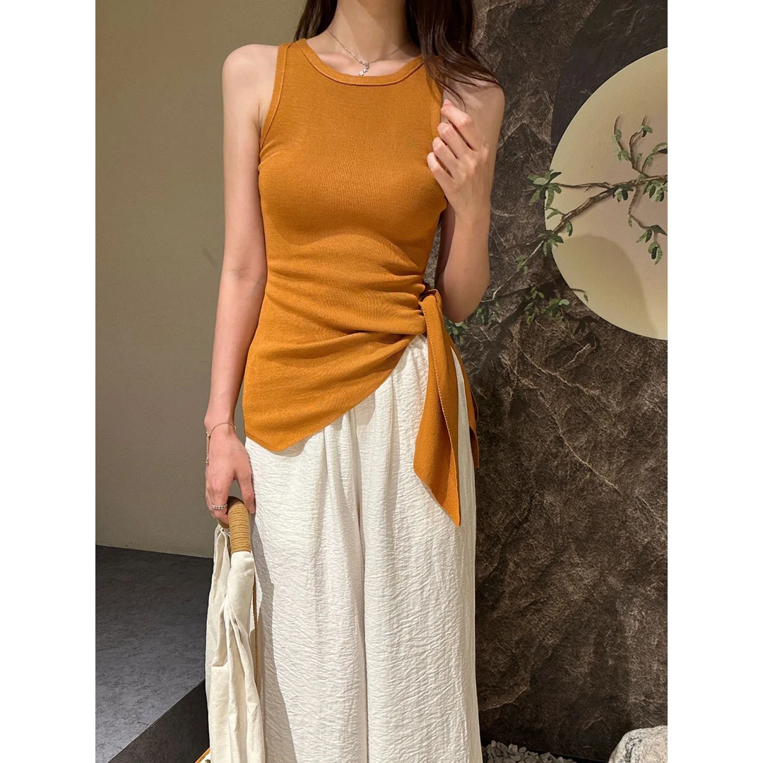 夏季法式气质圆领针织衫百搭背心女高级感开叉绑带收腰上衣显瘦