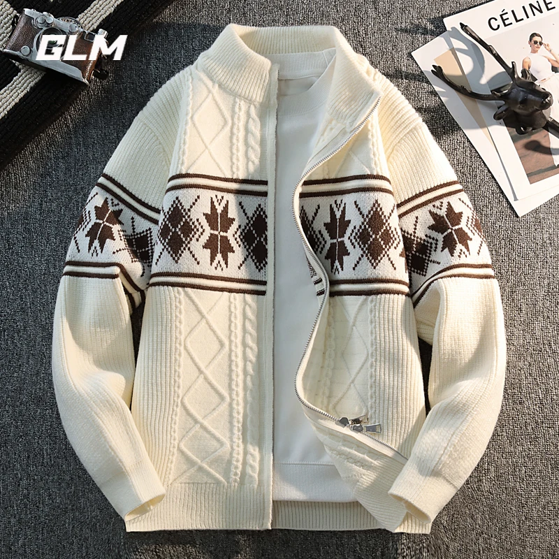 GLM秋冬季时尚立领开衫毛衣男士菱格撞色提花休闲双拉链针织外套