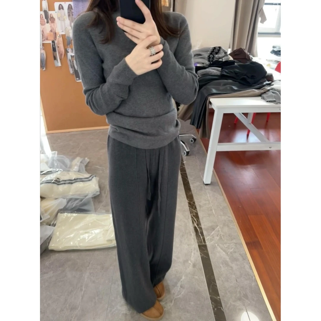 质感绝绝子！阔腿裤女秋冬高腰显瘦宽松加厚休闲拖地长裤针织裤女