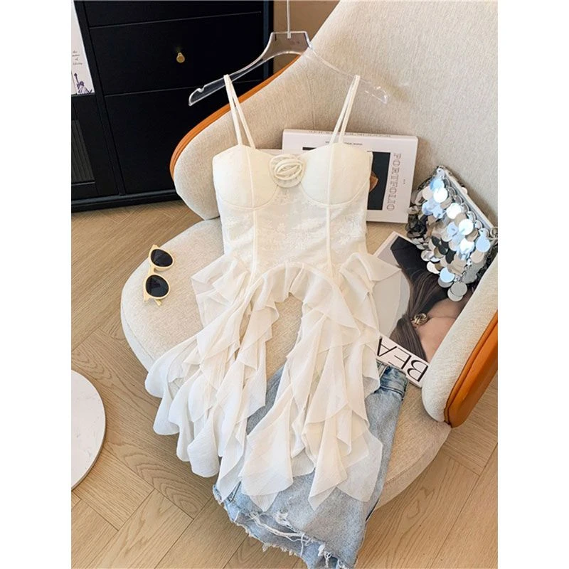 纯欲立体花朵拼接吊带背心法式提花不规则荷叶边小衫无袖露肩上衣