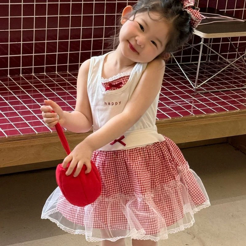 2025夏季新款童装 韩版童装 女童芭蕾风背心+蓬蓬裙 送发圈 套装