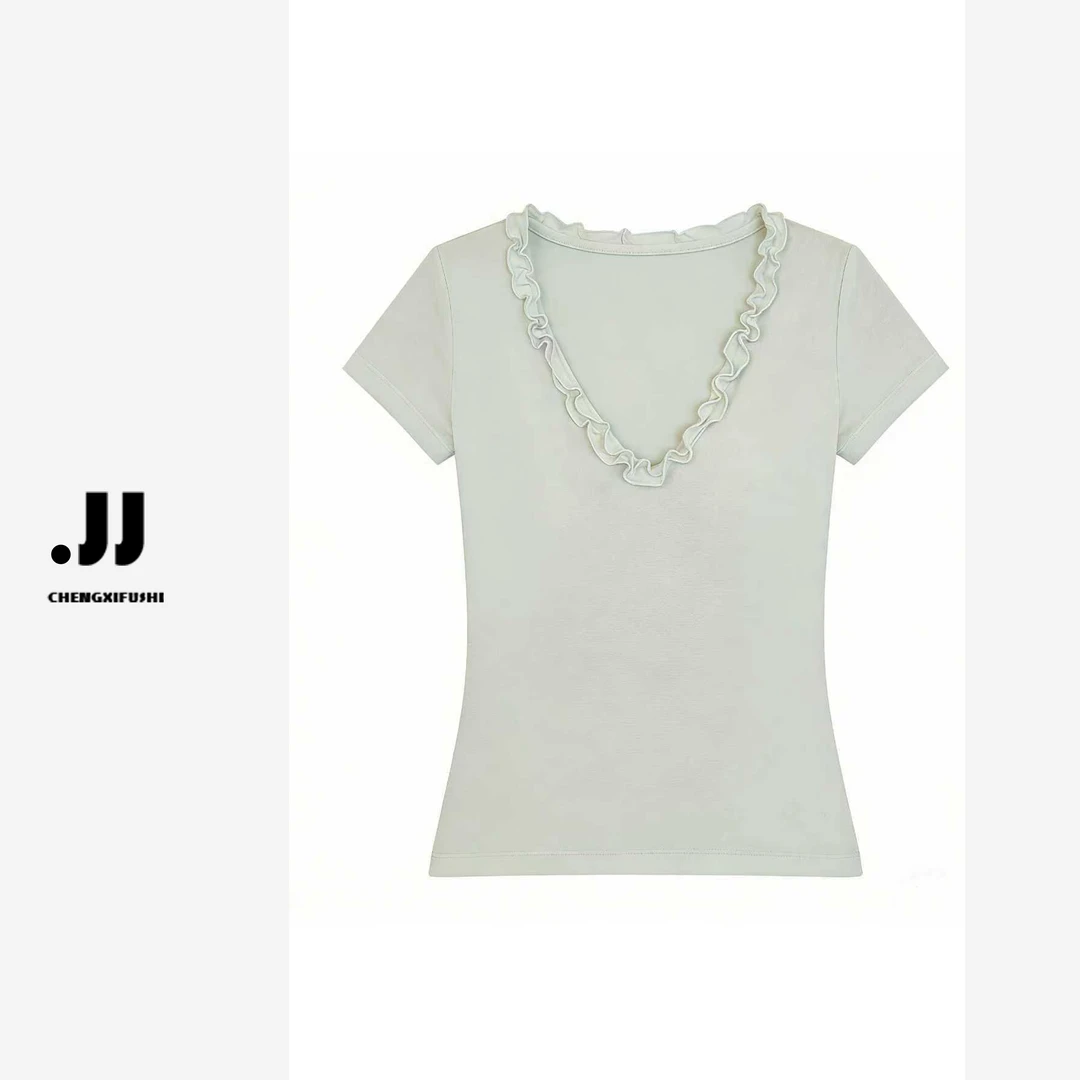 Y2385薄荷冰茶~花边V领修身T恤短袖纯色百搭上衣女