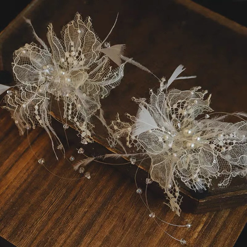 喜看手作森系白色蕾丝羽毛发夹复古甜美新娘头饰