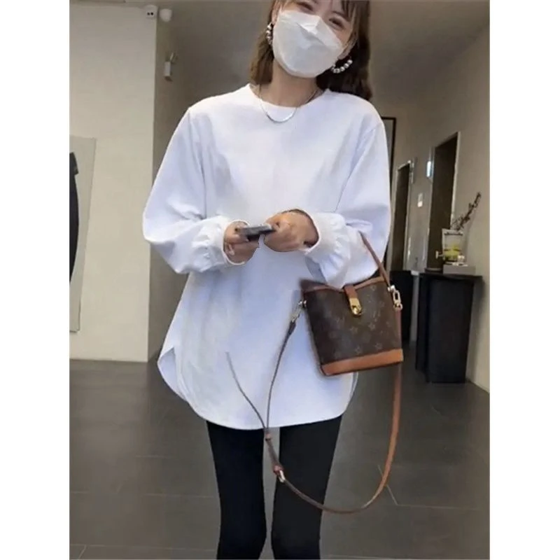 白色加绒加厚卫衣女秋冬款宽松内搭中长款长袖T恤圆领打底衫上衣