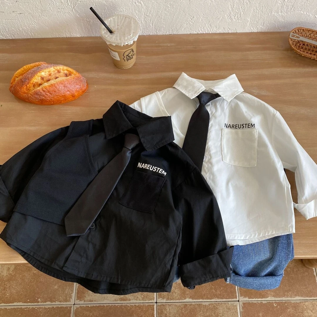 儿童帅气衬衫春装2025新款洋气童装男童个性拼接衬衣宝宝长袖上衣