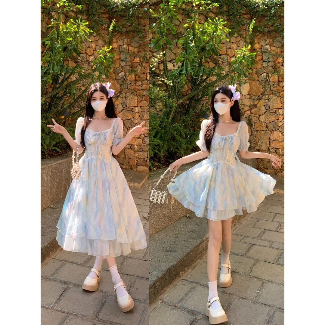 大码女装夏季新款蓝影幻梦气质温柔风印花水波蓝连衣裙春夏小众