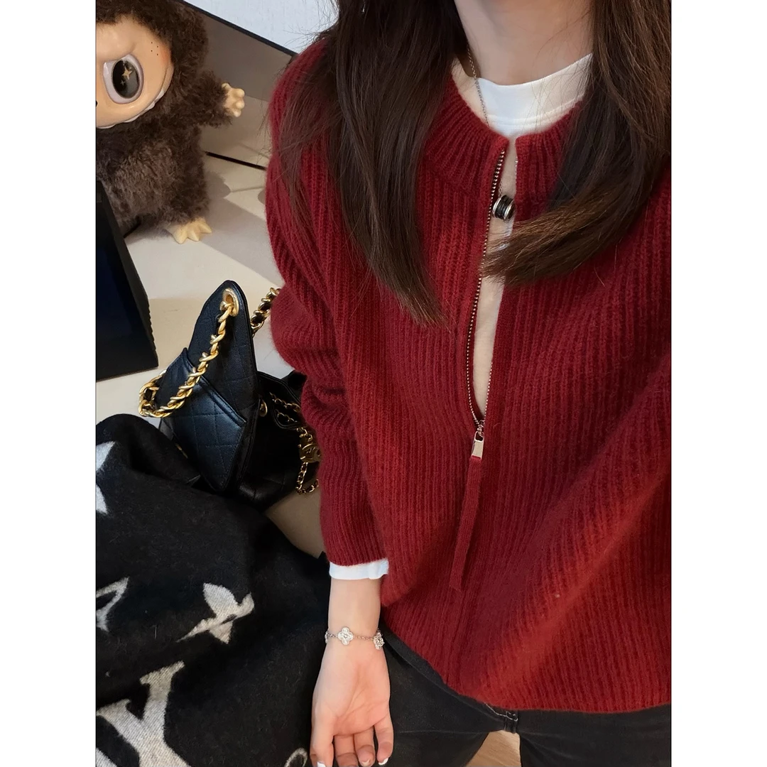 “拉链开衫”山羊绒绵羊毛坑条短款秋冬加厚女圆领