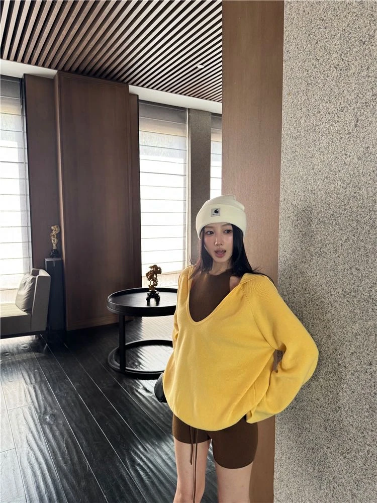 慵懒风宽松V领长袖针织衫女无袖背心秋季短裤休闲运动风三件套装