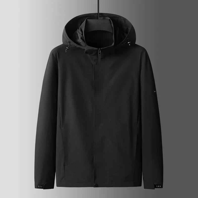 春秋男装运动风衣外套宽松大码可脱帽夹克弹力高端中年休闲外衣男