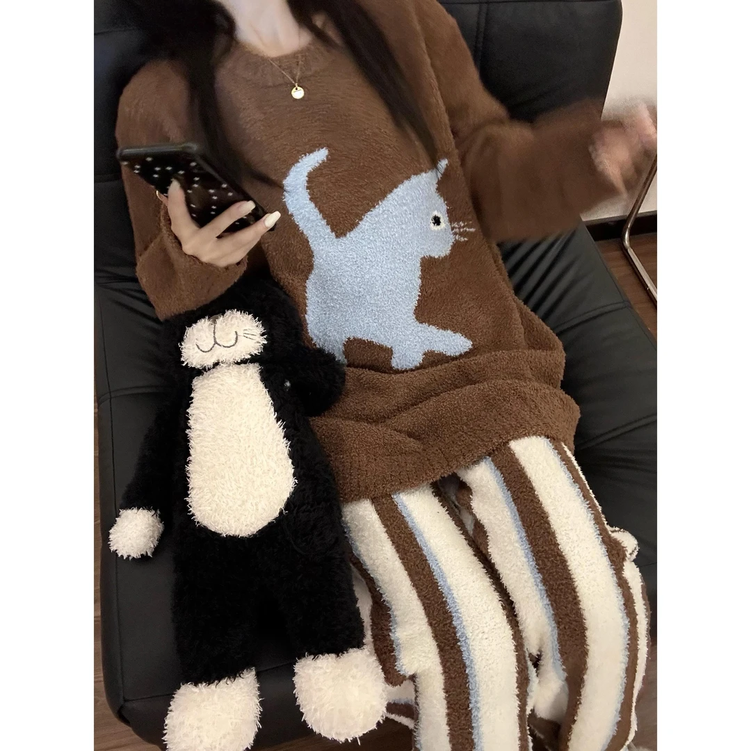 复古针织毛衣半边绒睡衣女秋冬季新款琥珀流光穿搭套装保暖家居服