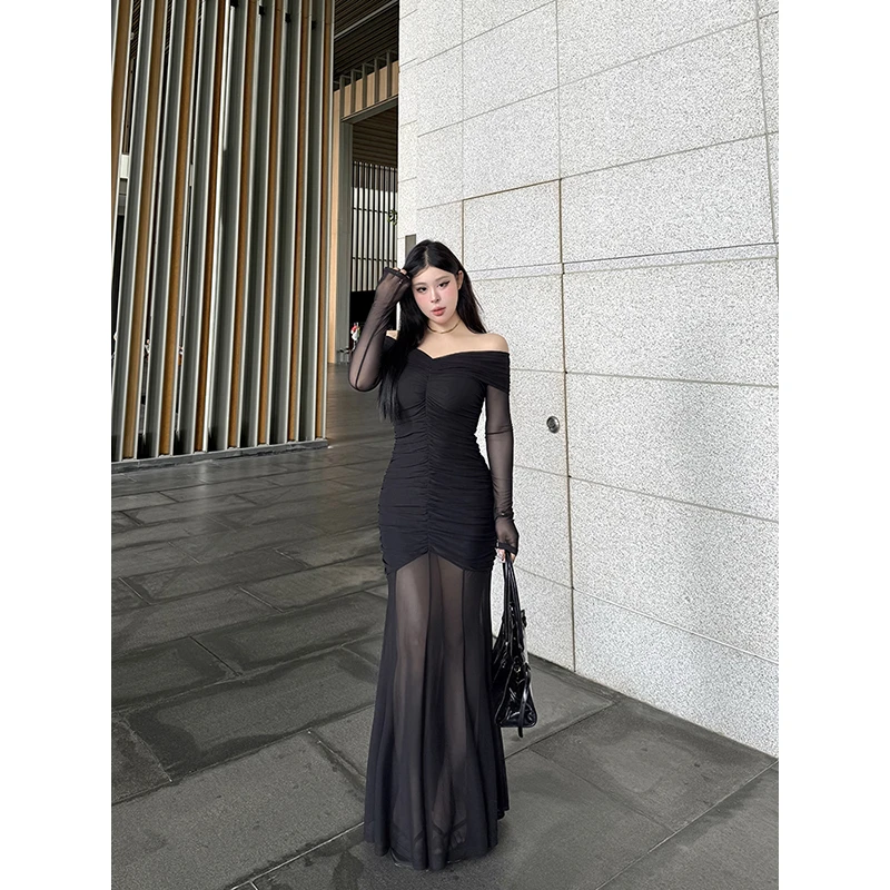 黑泽玄七"洛神玫瑰"夏季显瘦辣妹v领一字肩半透视网纱拼接连衣裙