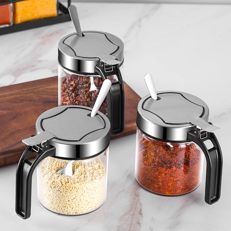 家用厨房收纳不锈钢盖玻璃调料盒盐罐带勺子佐料盐瓶罐组合装