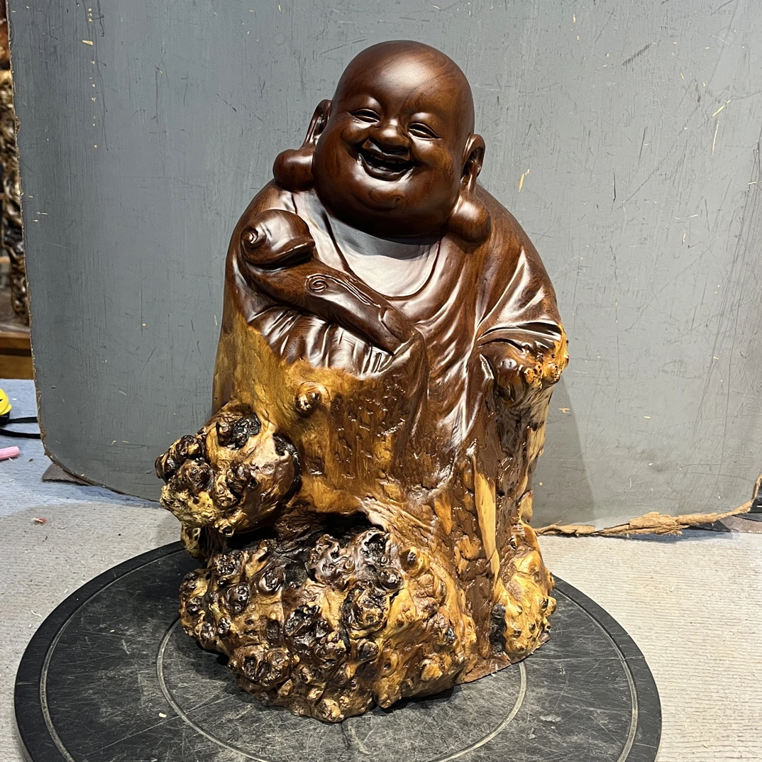胡杨木弥勒根雕随形摆件