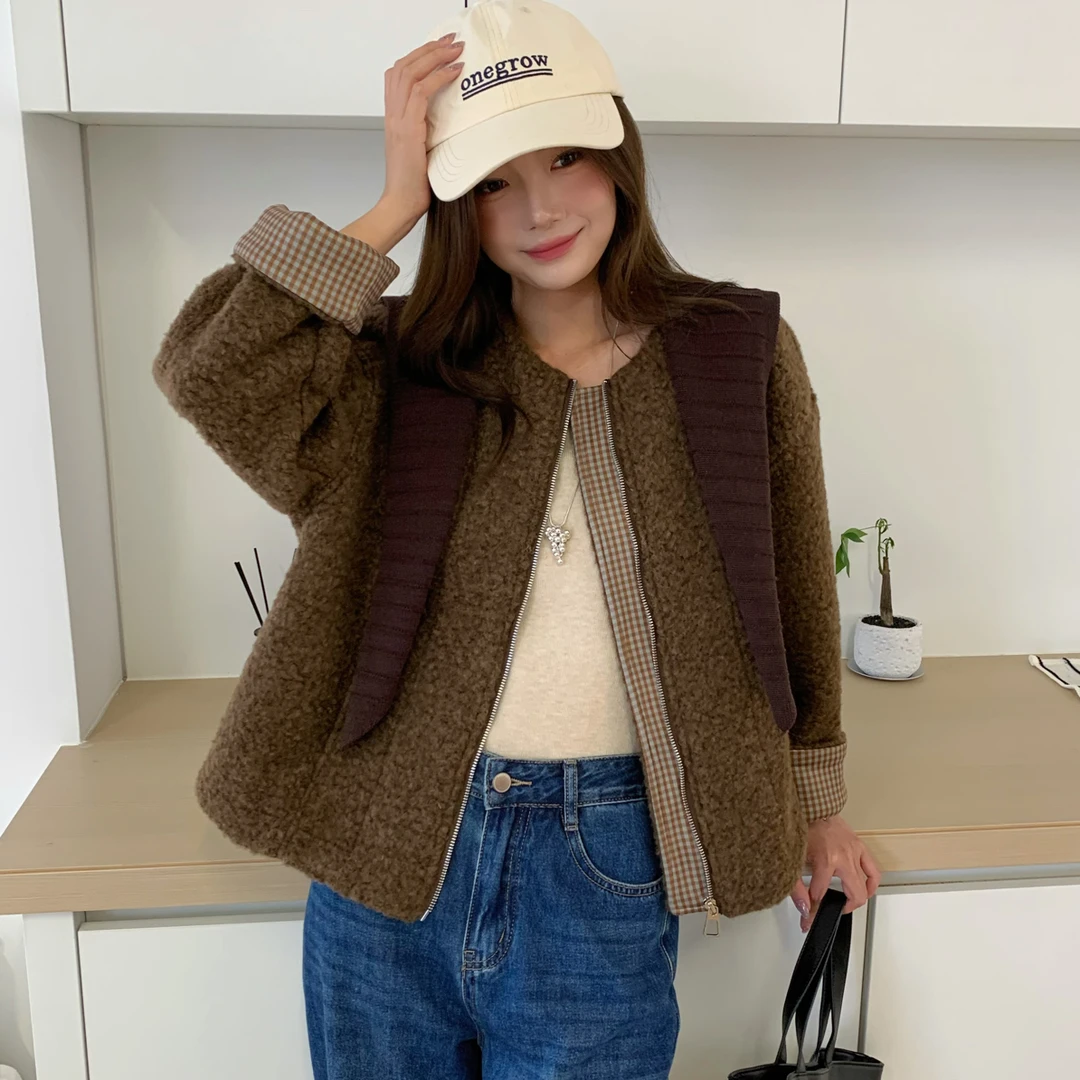 女复古毛绒短外套常规款宽松秋季短款圆领拉链拼接格子披肩两件套